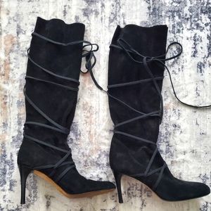 KORS Michael Kors Black Suede Lace-up Heeled boots. Size 7.